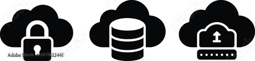 A simple black silhouette icon set of cloud storage database and secure upload