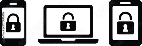 Photos A simple black silhouette icon set of secure smartphone and laptop devices