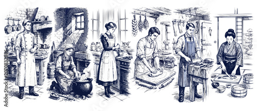 Vintage kitchen illustration cooking chefs preparing food throughout history in woodcut engraving style, featuring bakers kneading dough, butcher cutting meat, and historical culinary skills in action