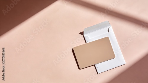 Blank beige card rests on an open white envelope. Natural light casts sharp, diagonal shadows across the smooth peach surface. This setup presents a simple, clean arrangement