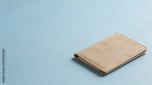 A cream-colored travel wallet with fine stitching lies on a smooth pale blue background. This symbolizes readiness for journeys, holidays, and exploring new destinations