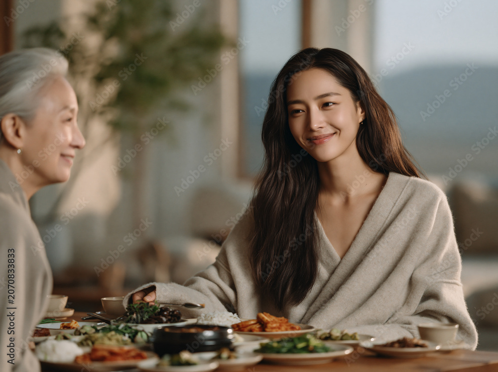Fototapeta premium An elderly grandmother with white hair and her adult granddaughter share a quiet warm meal indoors, gazing gently at each other across a wooden table filled with traditional Korean side dishes