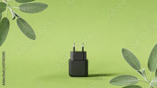 A sleek black power adapter stands centered on a vibrant lime green surface. Fresh green sage leaves elegantly frame the upper left and lower right corners, adding a natural touch to the clean setup