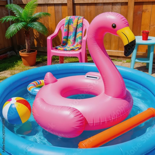 A large pink flamingo float, a multi-colored beach ball, and an orange water noodle fill a backyard inflatable swimming pool. A pink chair and potted palm tree sit nearby on a bright summer day