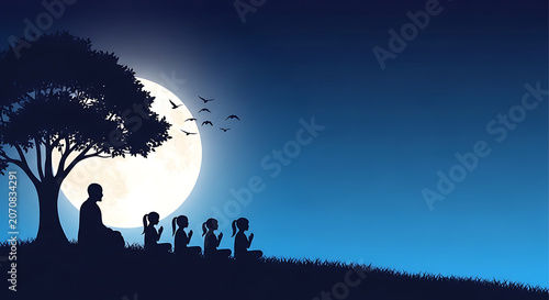 Family Silhouette Against Night Sky With Full Moon And Tree