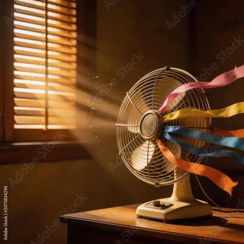 A vintage desk fan operates on a wooden table, its colorful ribbons fluttering from the air current. Sunlight streams through window blinds, illuminating dust particles in the warm room