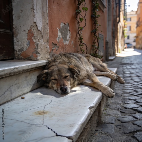 A scruffy brown dog rests its head on a cool marble step, stretched out along a weathered building in a quiet alley. Sunlight illuminates its peaceful face as it sleeps soundly