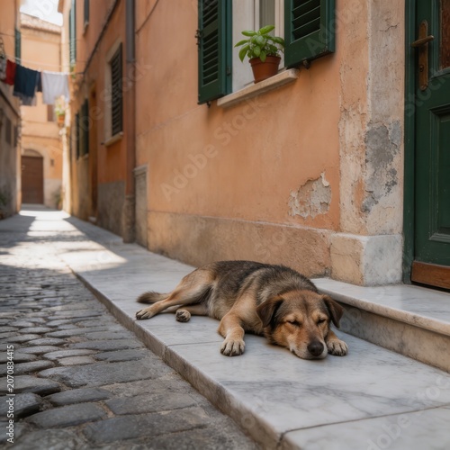 A brown and black dog sleeps soundly on a cool marble ledge beside an old, peach-colored building. Sunlight bathes the narrow cobblestone alley, creating long shadows