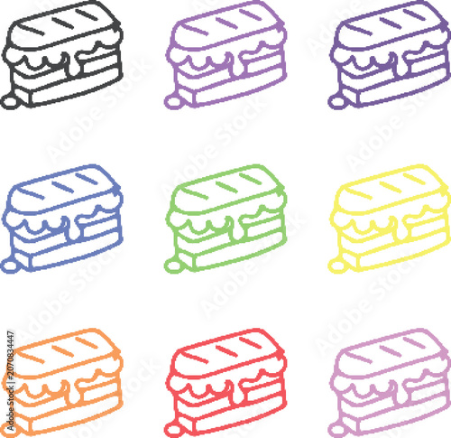Photos Sandwich sub icons collection with lettuce and meat layers in colorful halftone pattern for fast food menu and signage