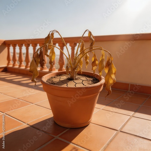 A small plant in a terracotta pot with dry, cracked soil and withered brown leaves stands on an outdoor tiled terrace. Harsh sunlight creates distinct shadows, highlighting severe dehydration