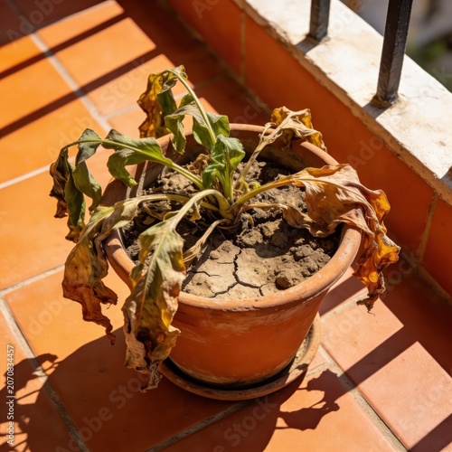 A dying plant with brown, shriveled leaves struggles in a terracotta pot on a sunny outdoor balcony. The extremely dry, cracked soil indicates a severe lack of water on a hot day