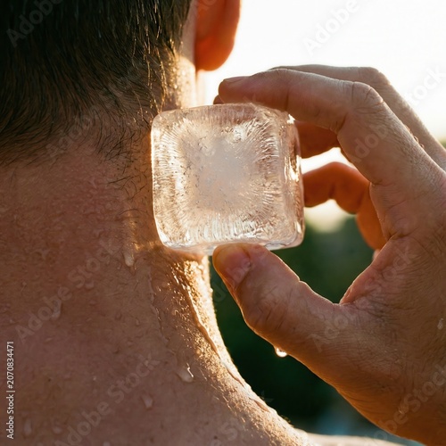 A person presses a melting ice cube to their wet neck and ear, seeking immediate relief from the heat. Drops of water run down the skin, reflecting the bright outdoor sunlight on a warm day