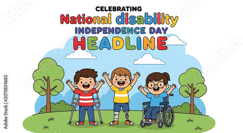 Illustration Of Children With Mobility Aids Celebrating Disability Independence Day