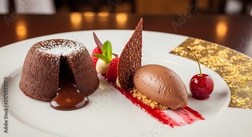 Chocolate lava cake with ice cream and fruit on a white plate