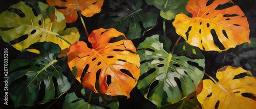 Vibrant Monstera Leaves Painting with Bold Colors and Dark Background