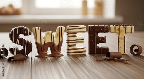 Chocolate letters spelling 'sweet' on wooden table