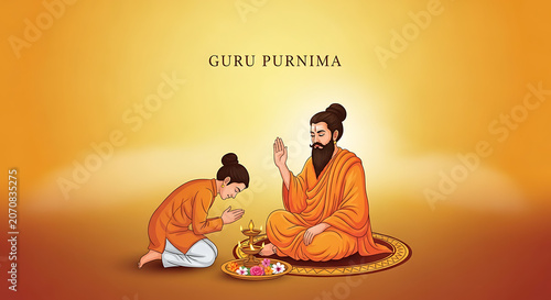 Guru Purnima illustration depicting a disciple respectfully greeting a spiritual teacher