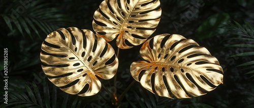 Luxurious golden monstera leaves emerge from a dark jungle background