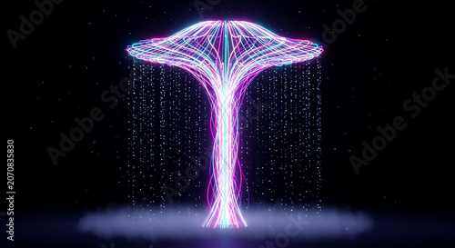 Illuminated mushroom shape with flowing lines and dark background fungus