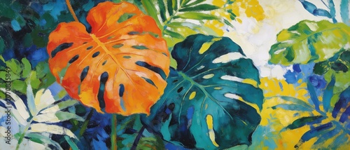 Vibrant abstract painting of tropical monstera leaves in bold colors