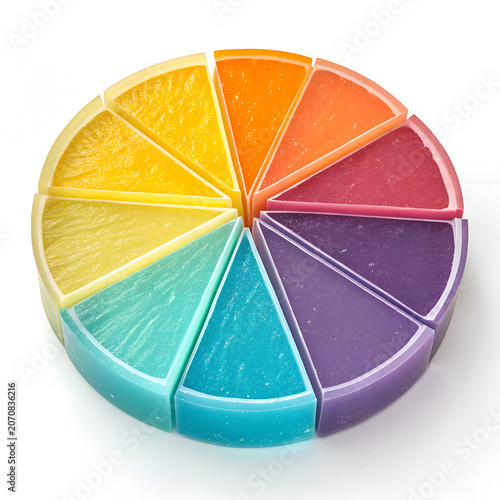 Circular spectrum of vibrant fruit jelly slices in bright studio lighting with soft focus