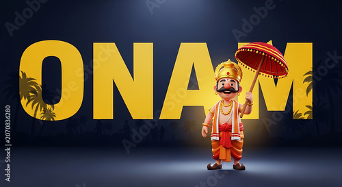 Onam festival depiction with character holding umbrella and palm silhouettes