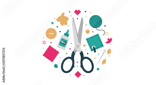 Craft and Sewing Tools Flat Vector Illustration - Scissors, Yarn, Needle, and Fabric Art Supplies for DIY Hobby and Creative Projects