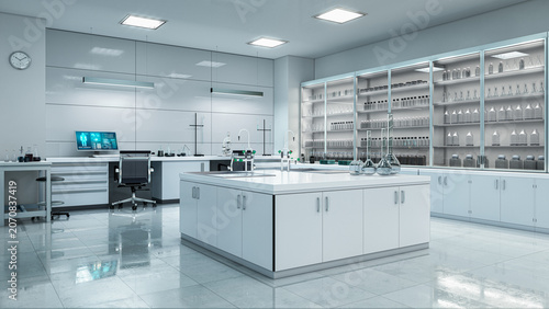 Modern laboratory workspace with microscope and chemical glassware. 3d illustration