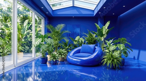 Modern blue sunroom with tropical plants and inflatable chair