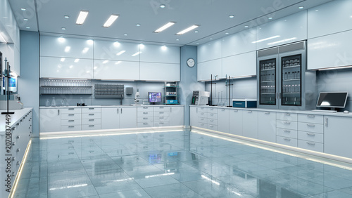 Modern laboratory workspace with microscope and chemical glassware. 3d illustration