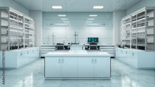 Modern laboratory workspace with microscope and chemical glassware and blurred background. 3d illustration