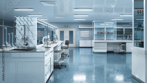Modern laboratory workspace with microscope and chemical glassware and blurred background. 3d illustration