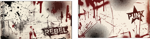 Schilderij op canvas Set of two vintage punk style banners with splatters and rebel text design vector illustration