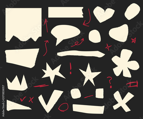 Torn Paper sheets! Ripped highlight blank notebook elements to your text on it. With arrows, starts, cross, check mark, lines, question and exclamation marks! (Full vector)