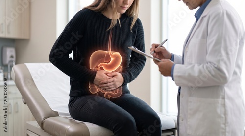 A woman sits on an exam table in a clinic holding her stomach. A doctor writes notes and asks questions about her symptoms during the consultation