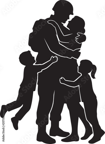 Military Homecoming Silhouette, Family Reuniting with Returning Soldier Vector Illustration