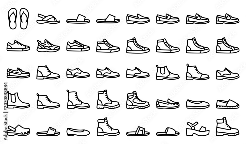 Obraz premium Black and White Footwear Outline Icon Set for Fashion and E-commerce