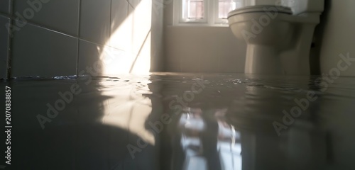 Bathroom flooded with water reflecting sunlight from window near toilet.