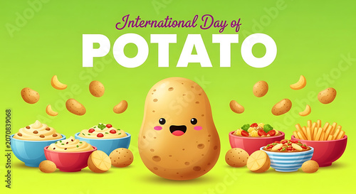 Illustration Of Potatoes And Potato Dishes With Cartoon Face Celebratory Design spud