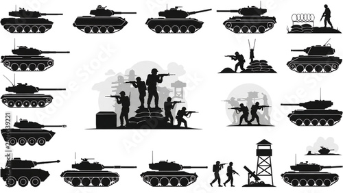 Obraz na płótnie Soldiers and tanks engage in combat on a battlefield with explosions
