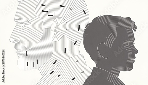 Generational Connection: An artistic illustration depicts the profile of a mature man with a beard, outlined in fine lines, positioned beside the silhouette of a younger boy.