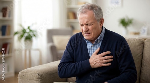 An older man sits on a sofa and holds his chest, looking worried. He appears to be experiencing chest pain in a living room during daytime