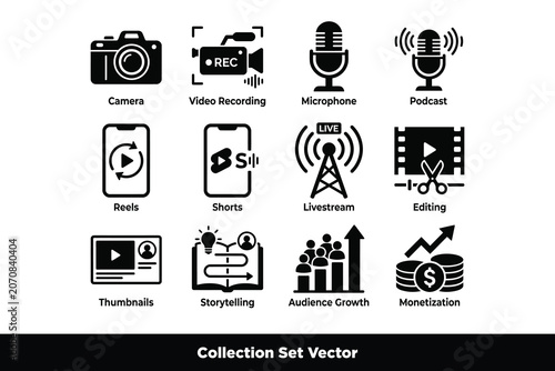 Rounded Square Content Creation and Video Production Icon Set
