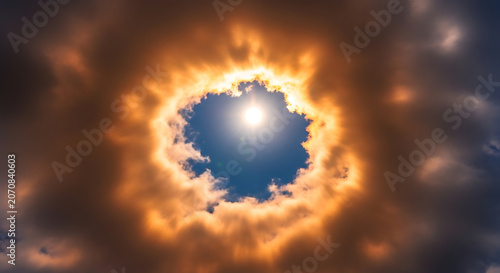 Sunlight shining through a circular opening in dramatic golden hued clouds sun