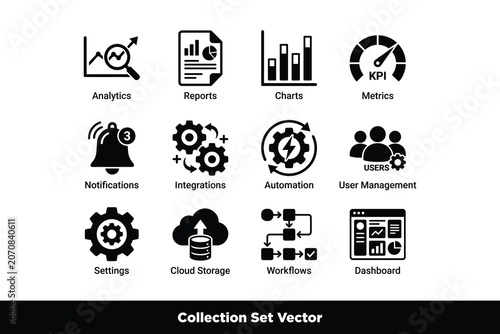 Black Analytics Dashboard and SEO Management Vector Icon Set