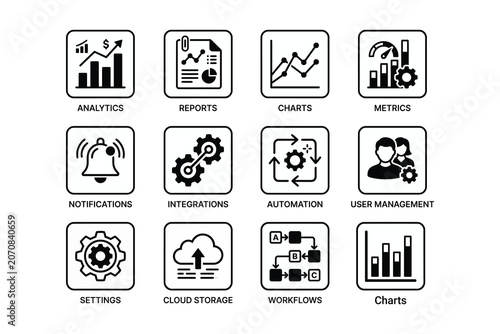 Square Line Art Data Analytics and Dashboard Vector Icon Set
