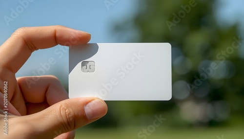Hand holding a blank white credit card with EMV chip outdoors against a blurred natural background