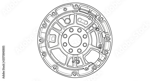 Tableau sur toile A black and white line art sketch depicts a flywheel housing on a white background