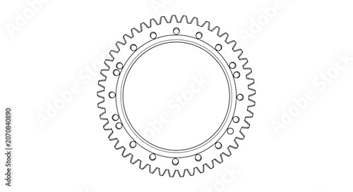 Schilderij op canvas A black and white line art sketch depicts a toothed circular gear design on a white background