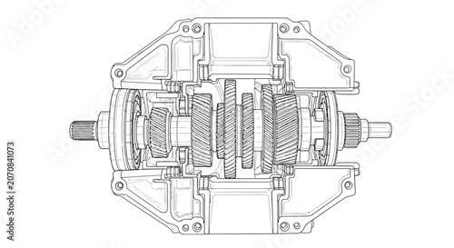 Schilderij op canvas A detailed line art sketch of a gearbox transmission with internal gears on a wh